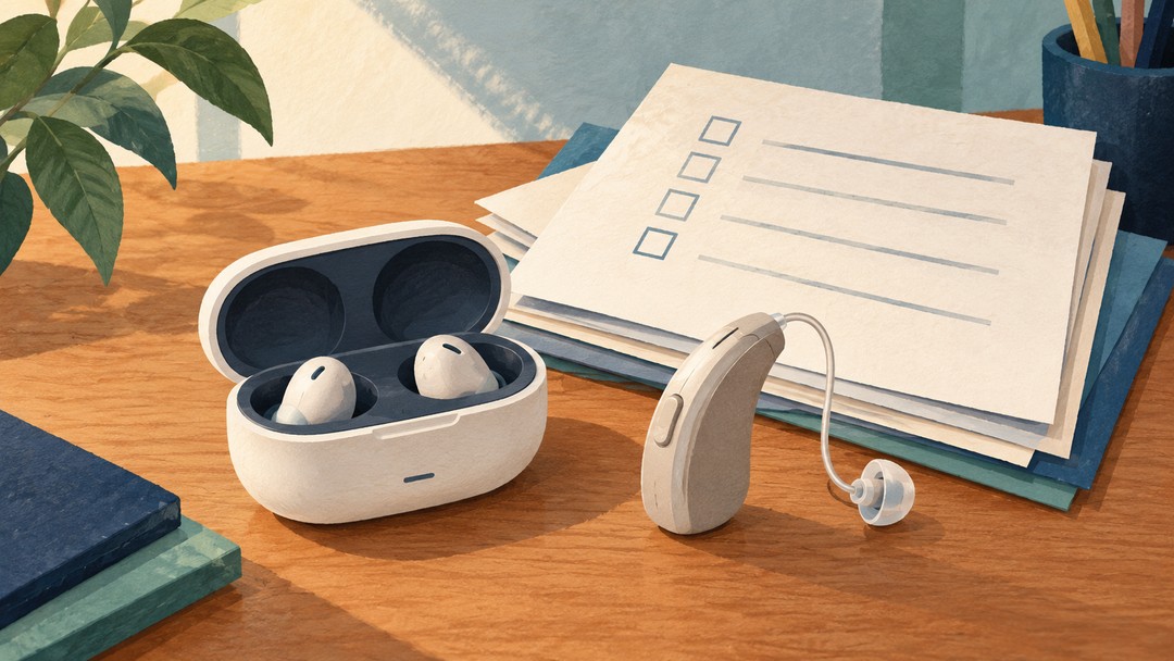 Editorial illustration of unbranded hearing devices beside policy papers; not actual products