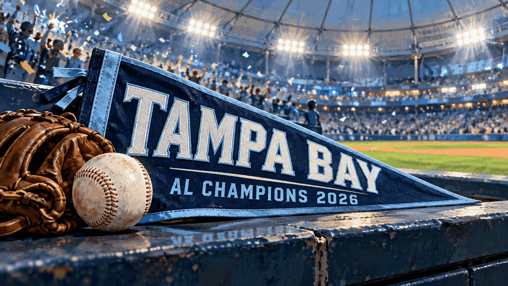 Conceptual editorial illustration of a Tampa Bay baseball pennant, ball and glove in a floodlit domed ballpark