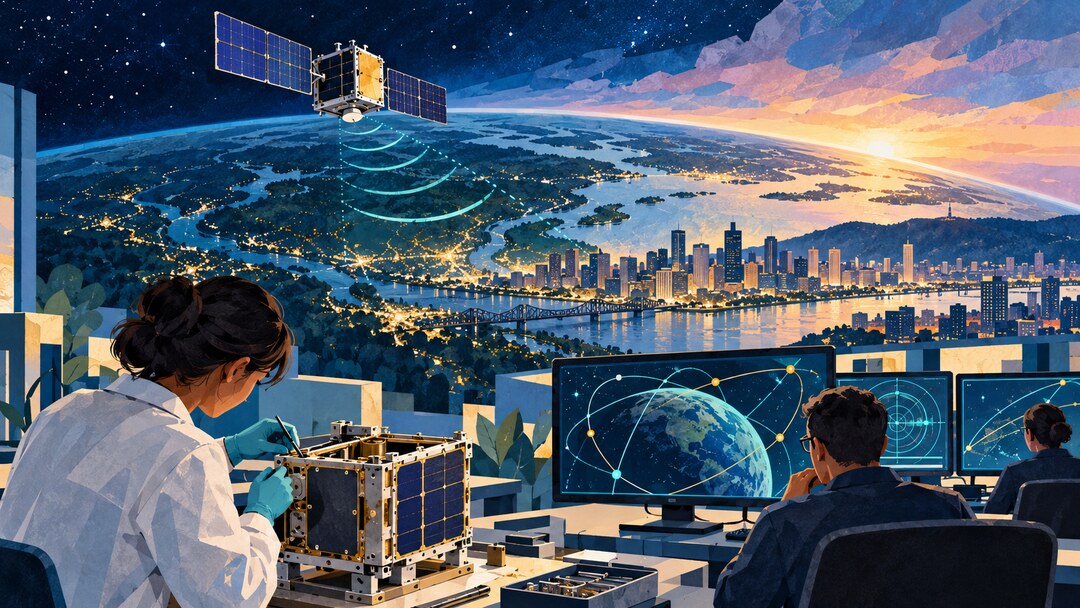 Editorial illustration of an unbranded low-orbit satellite linked to a Montréal engineering and mission-operations workspace
