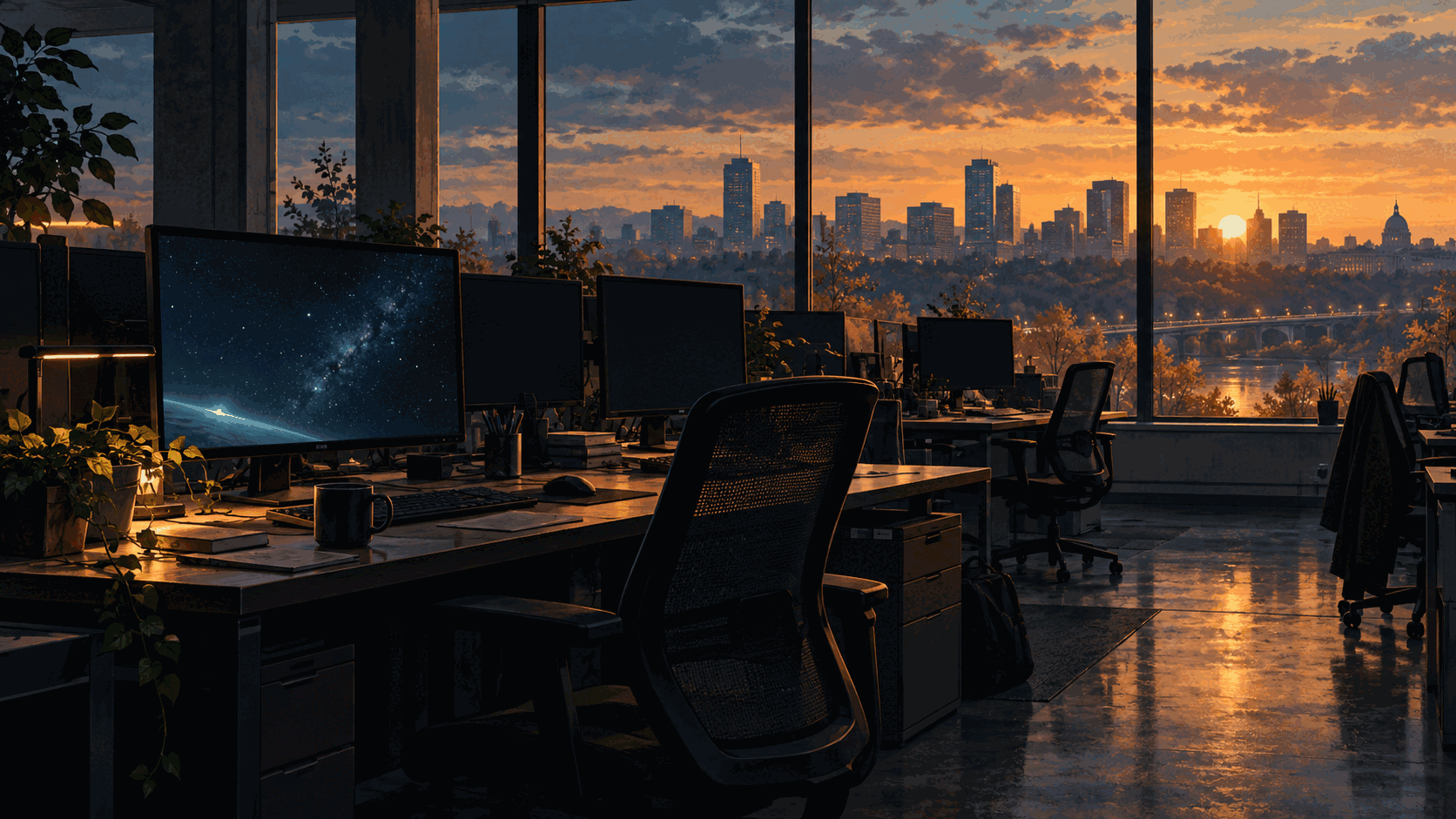 Editorial illustration of a darkened game-development workspace and an Edmonton skyline