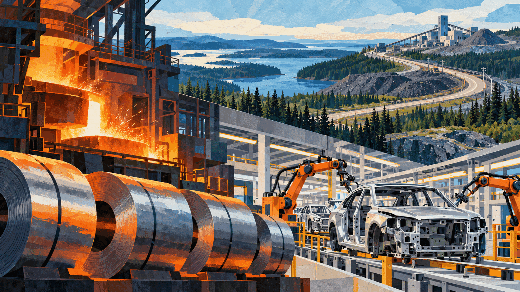 Editorial illustration connecting steel coils and a mill, an automotive assembly line and infrastructure through northern Ontario terrain