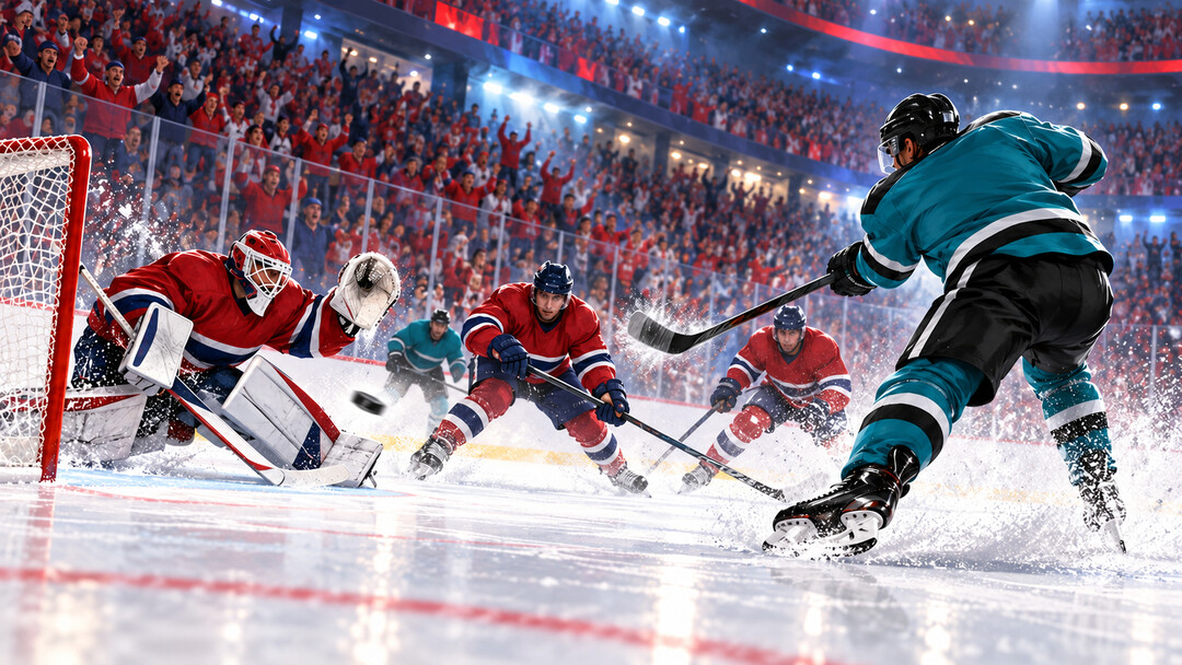 Conceptual hockey editorial illustration in teal, black, red and blue showing an overtime comeback; not a photograph of the game