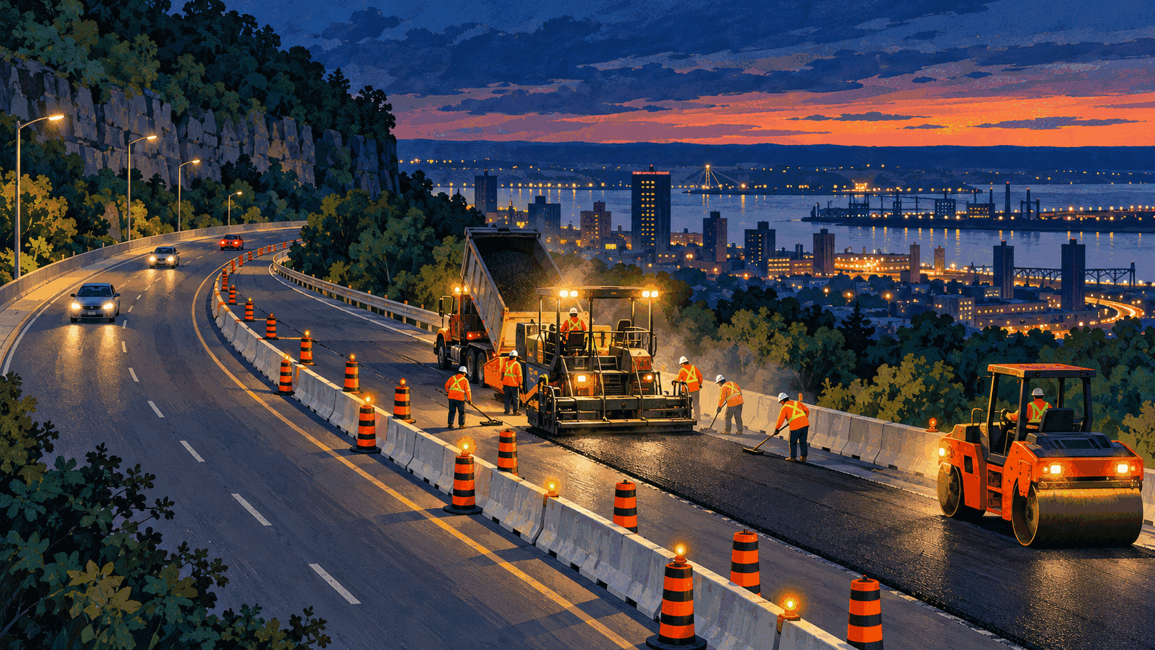 Editorial illustration of road resurfacing crews working on a descending Hamilton escarpment access while traffic is redirected