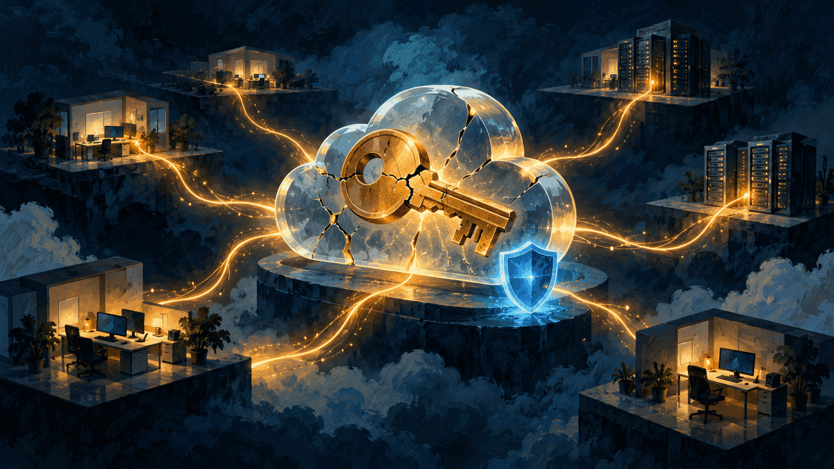 Editorial illustration of a fractured cloud-application key and trusted connections to workplaces