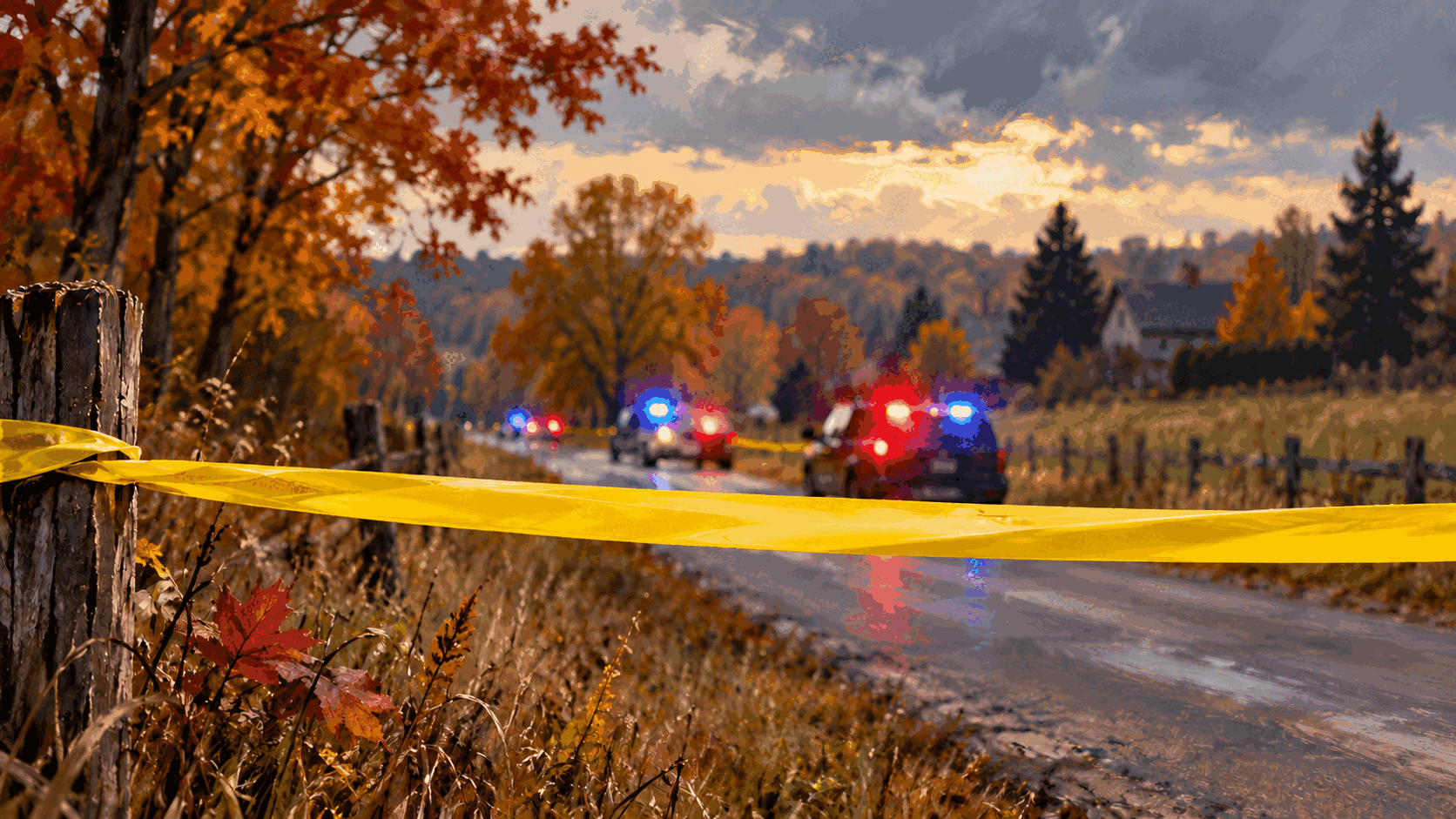 Editorial illustration of a police cordon and emergency lights in an anonymous rural residential setting