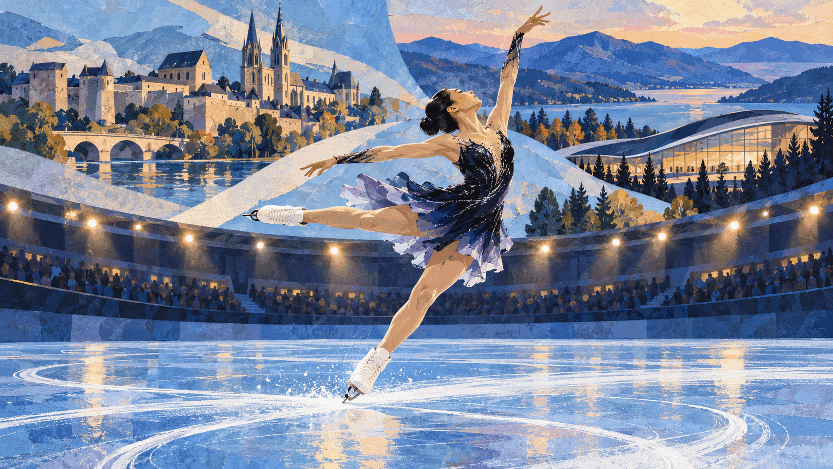 Editorial illustration of a figure skater performing under arena lights with a Canadian competition stop suggested in the background