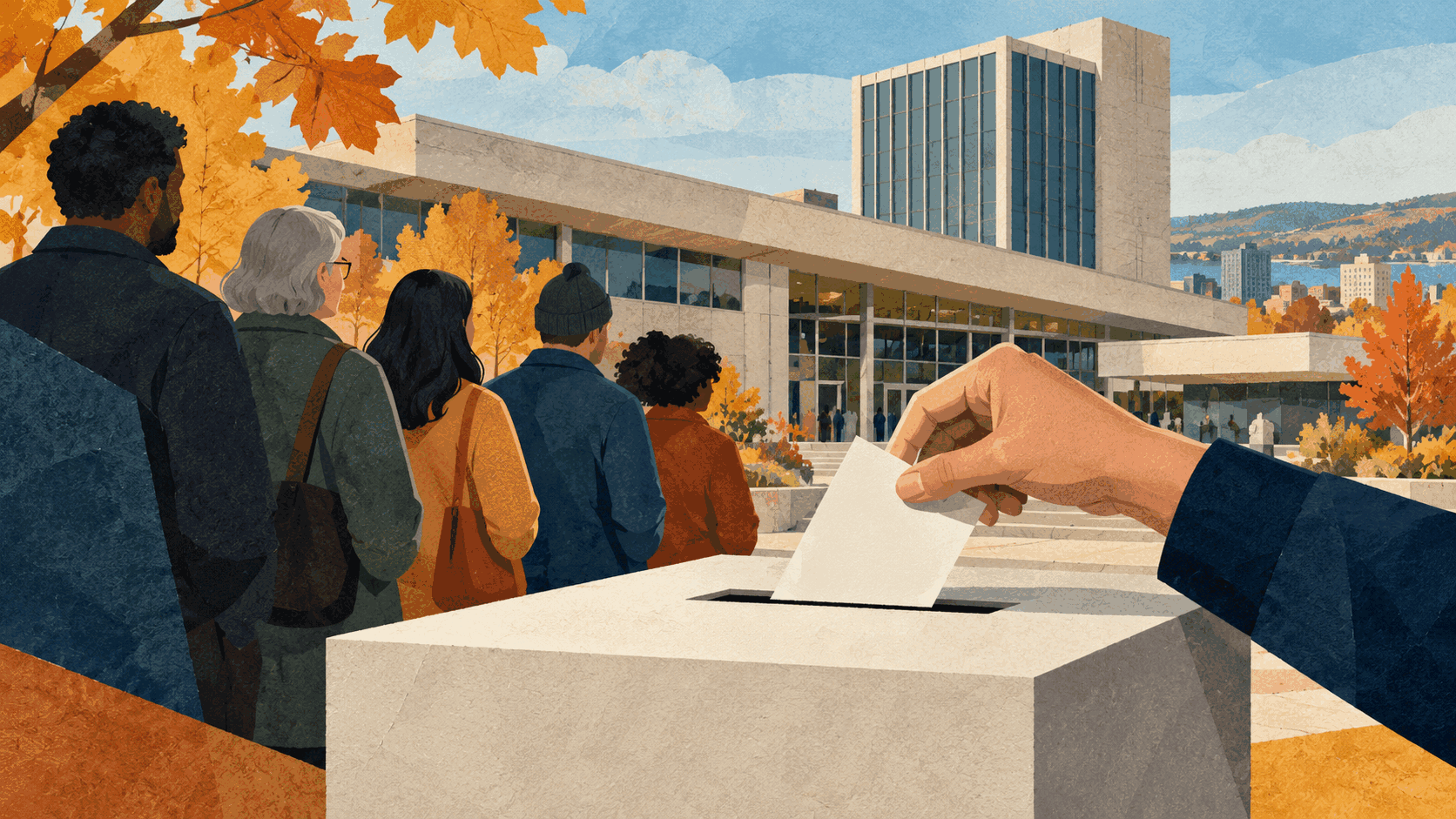 Editorial illustration of a ballot being placed in an unmarked box, with anonymous voters and a Hamilton civic setting in autumn