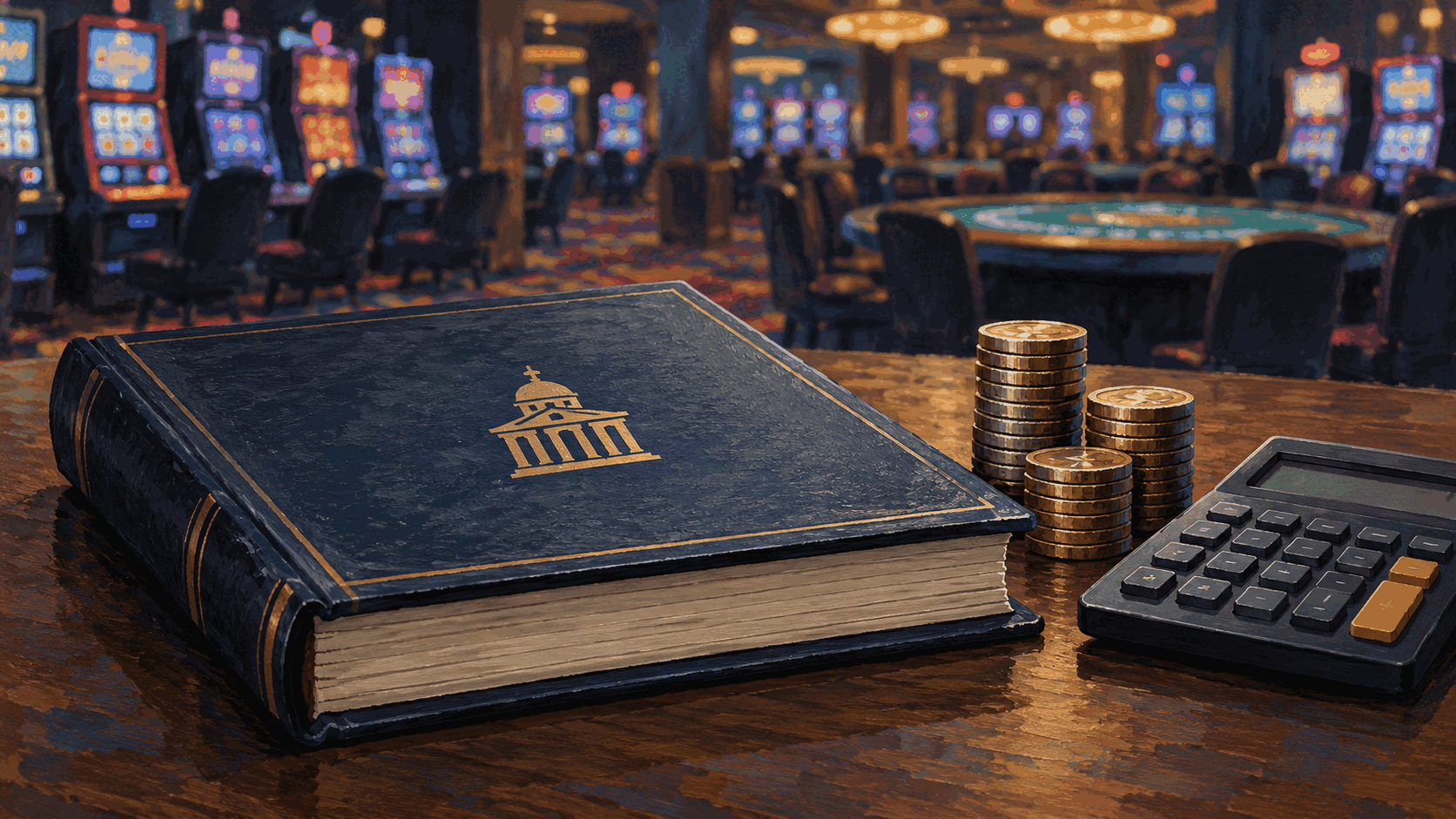 Editorial illustration of a municipal ledger and coins with a subdued casino interior in the background