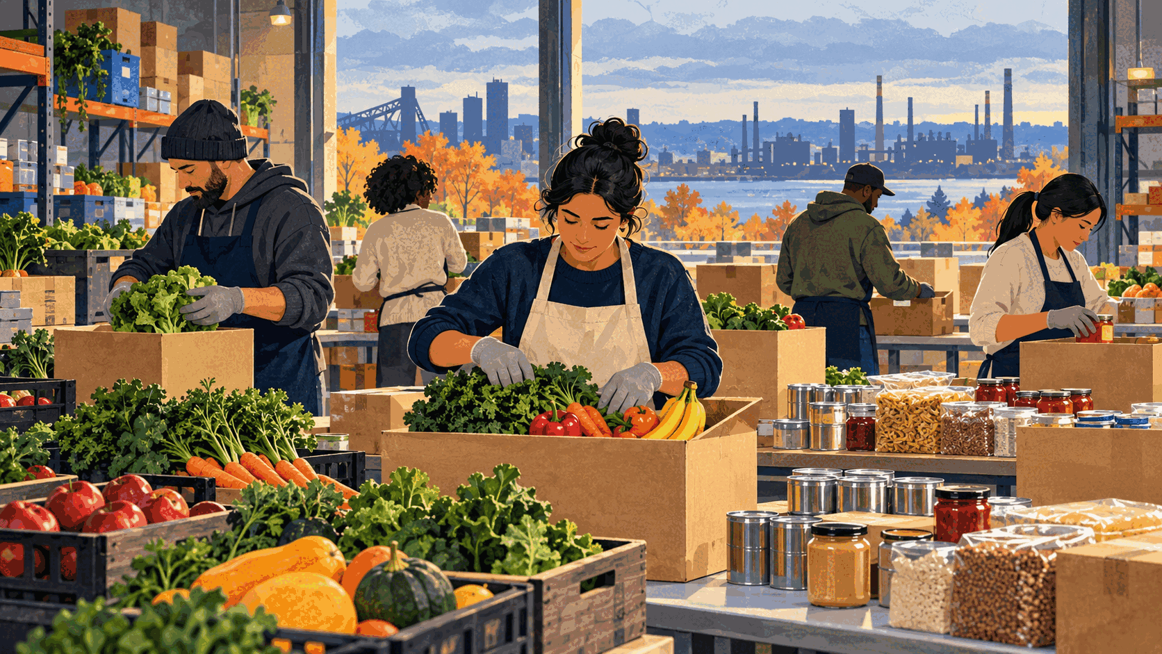 Editorial illustration of volunteers organizing groceries and pantry boxes for a Hamilton community food-support network