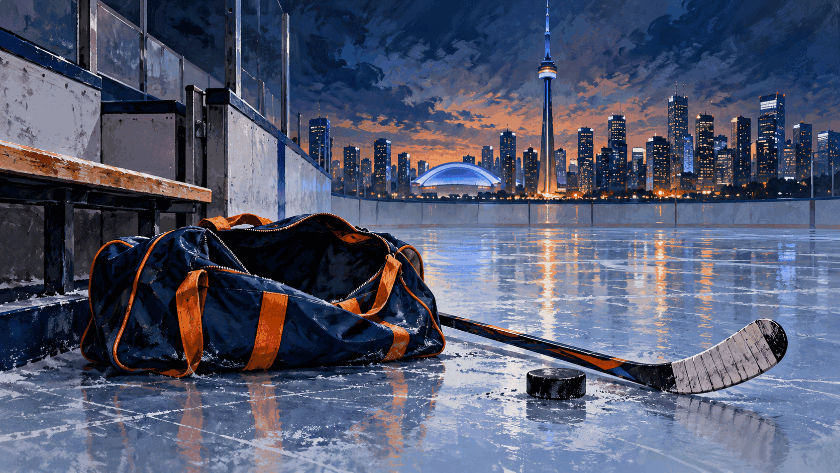 Editorial illustration of hockey equipment at a Toronto rink during a road trip