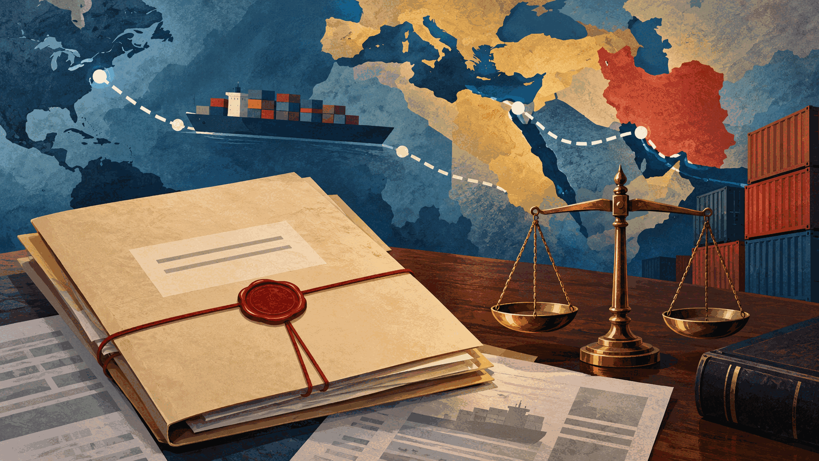 Editorial illustration of a Canadian immigration ruling beside a transnational shipping route through the United Arab Emirates to Iran