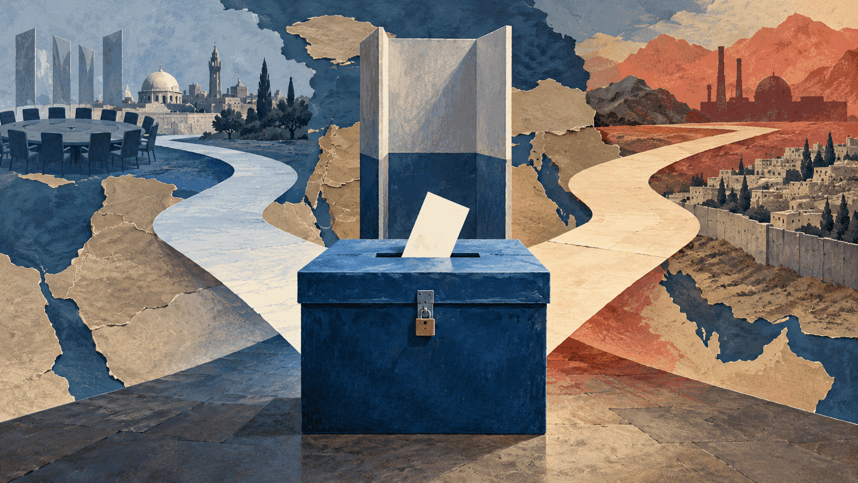 Editorial illustration of an Israeli ballot box between competing political directions and a restrained regional security map; not a documentary photograph