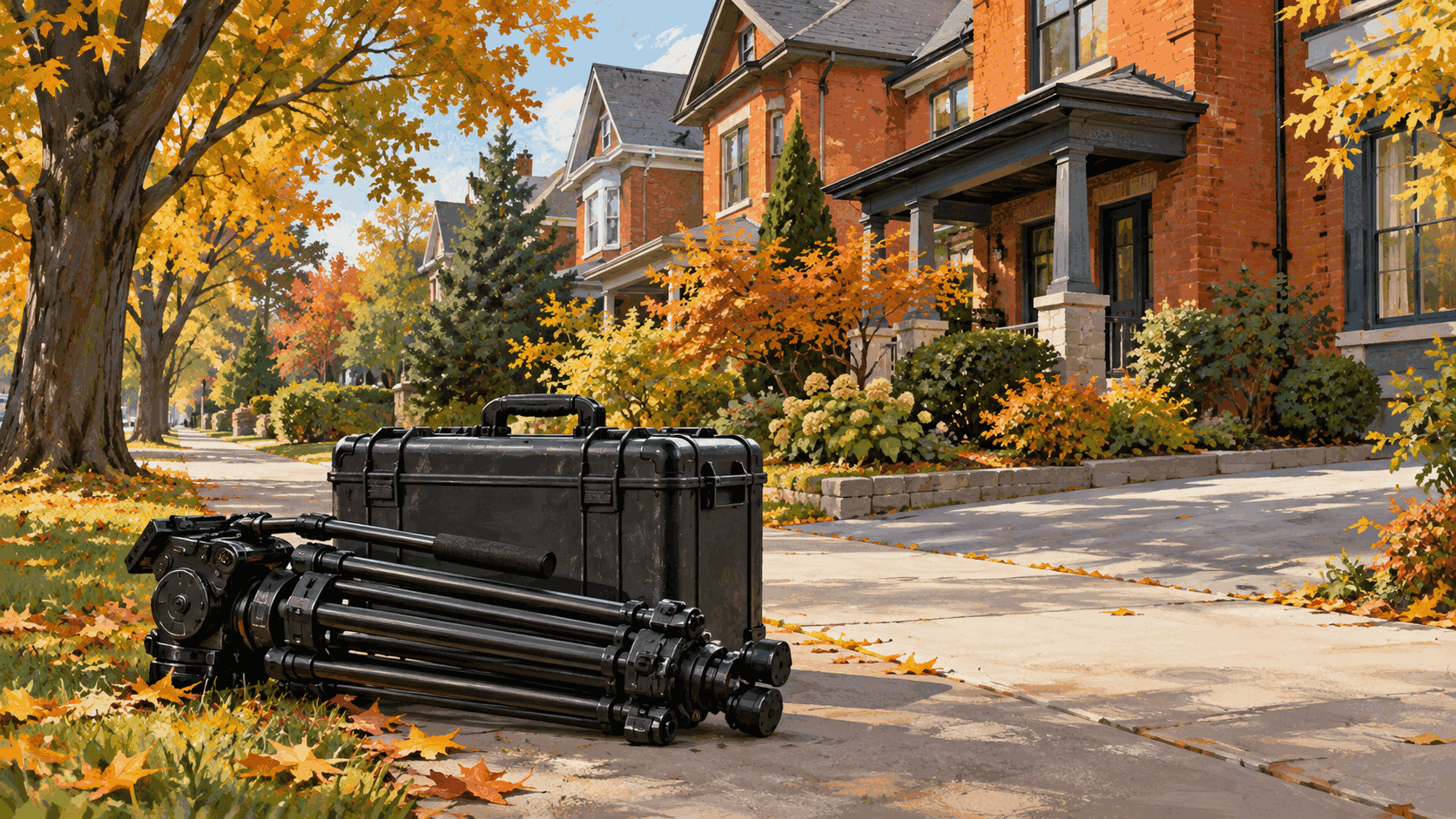 Editorial illustration of a folded cinema tripod and equipment case beside a residential street