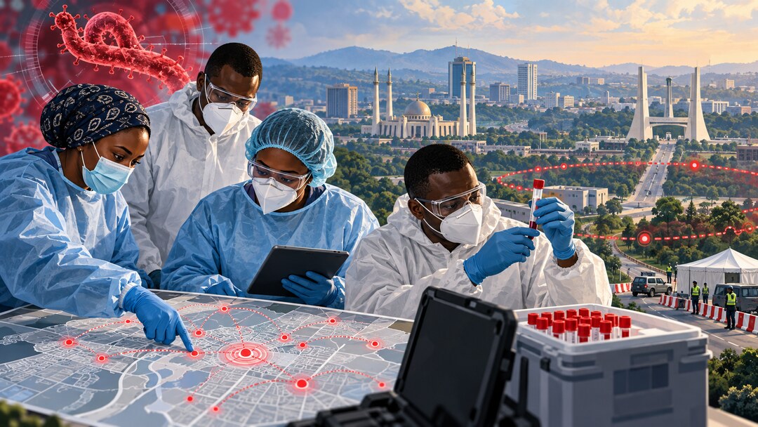 Editorial illustration of public-health workers coordinating an Ebola response in Abuja; not a documentary photograph