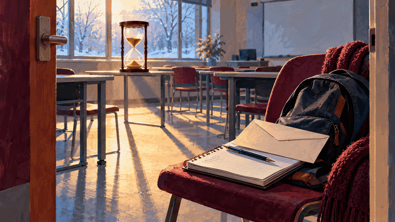 Editorial illustration of an hourglass and student belongings beside an empty adult-learning classroom