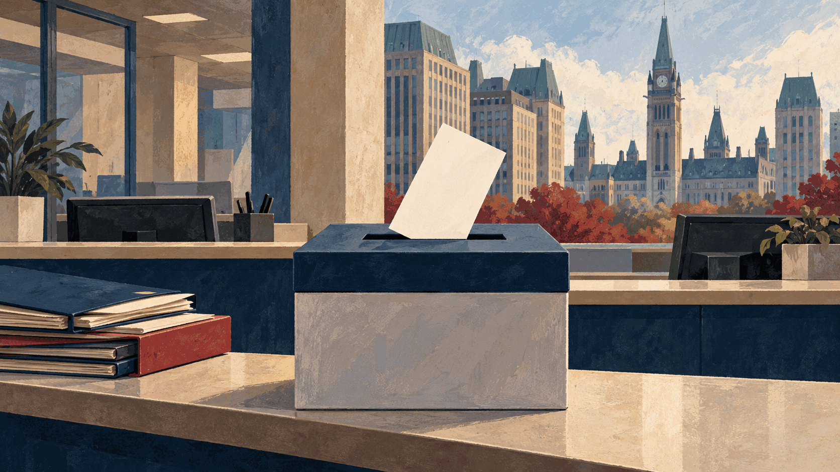 Editorial illustration of a ballot box and work folders in an empty public-service office