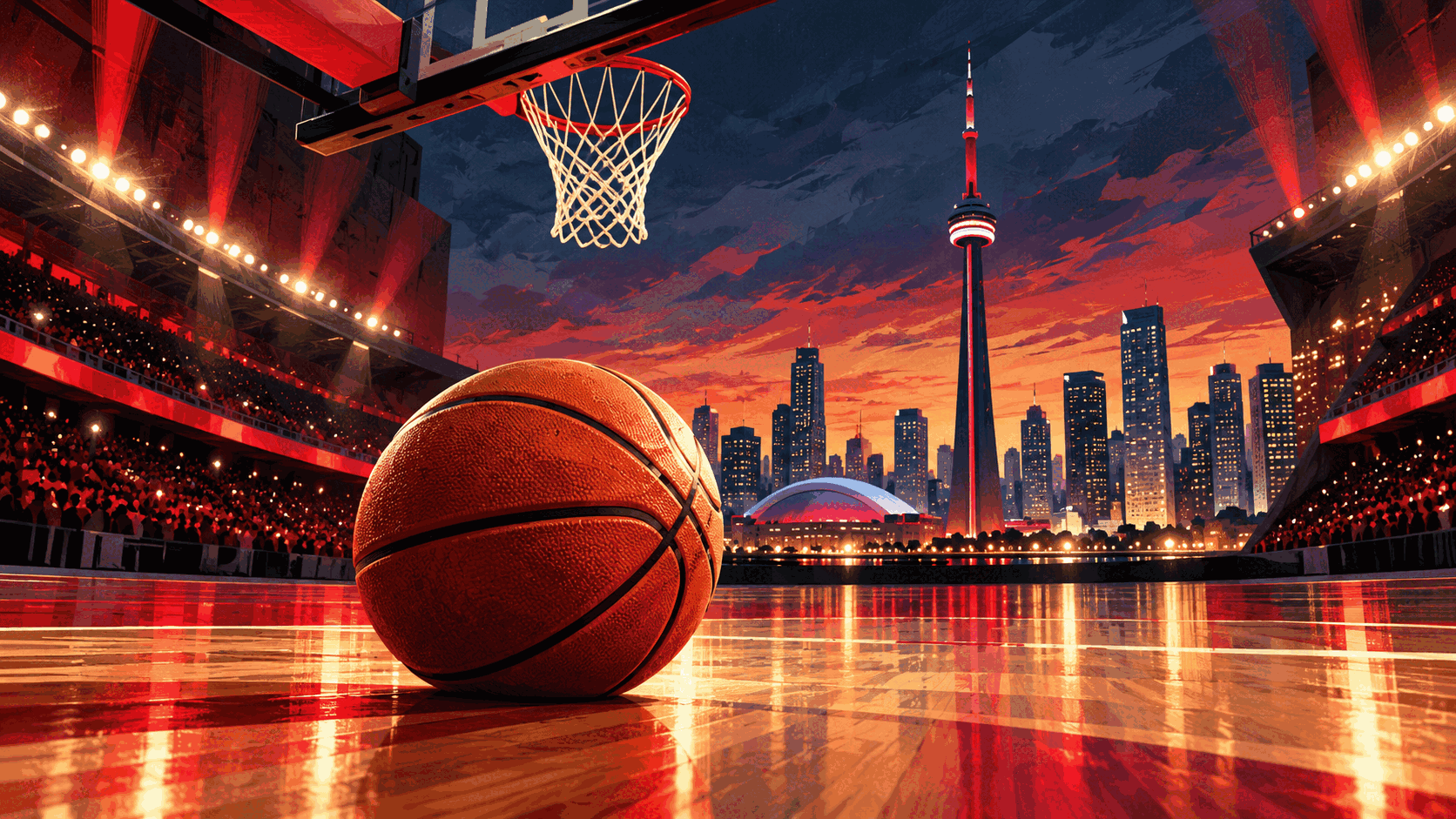 Editorial illustration of a basketball and hoop against a stylized Toronto skyline