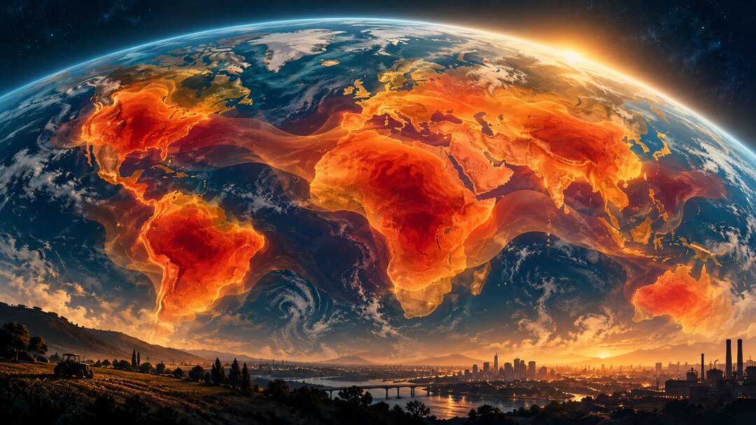 Editorial illustration of connected global heat zones; not a weather map or documentary image