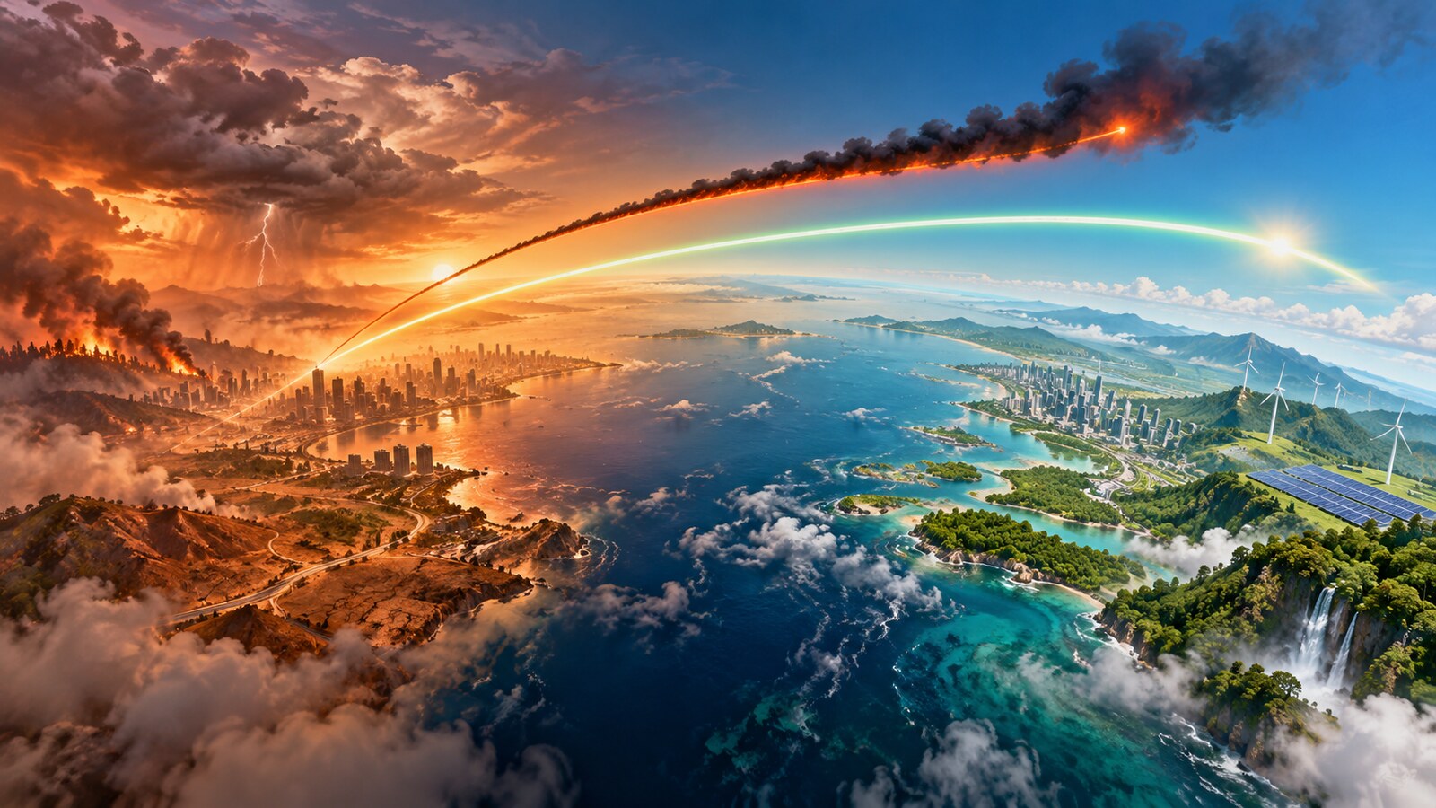 Editorial illustration of a warming planet, clean-energy infrastructure and an emissions pathway; not a documentary photograph