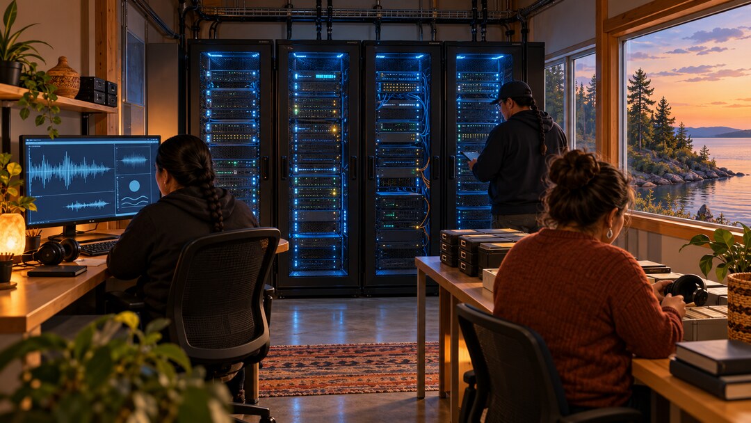 Editorial illustration of a small community data centre preserving language recordings and local records