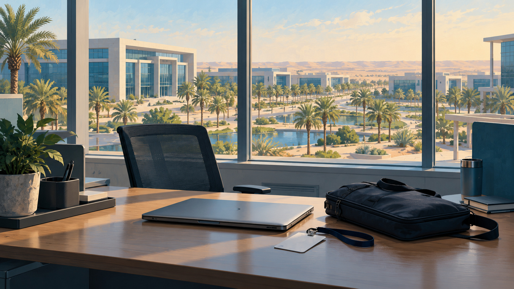 Editorial illustration of an office workstation overlooking a Gulf corporate district