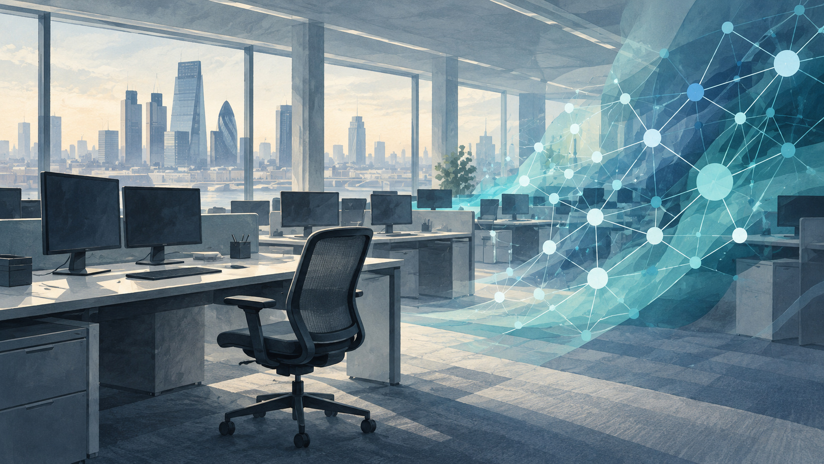 Editorial illustration of office workstations beside an abstract digital network
