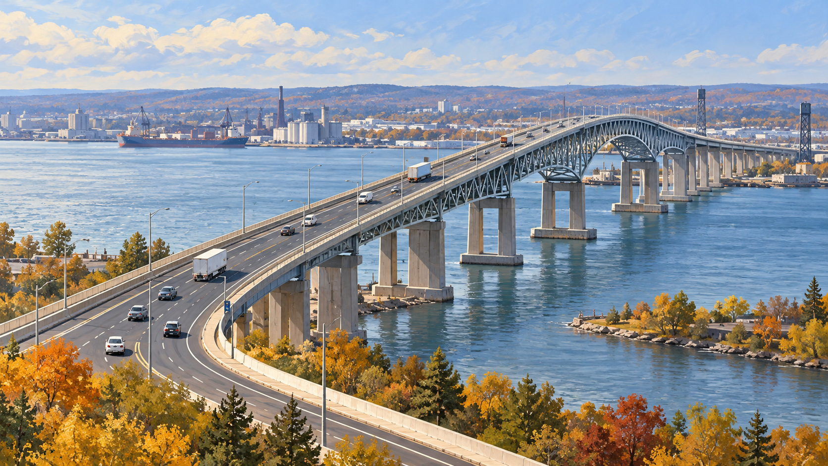 Editorial illustration of a highway bridge spanning a harbour