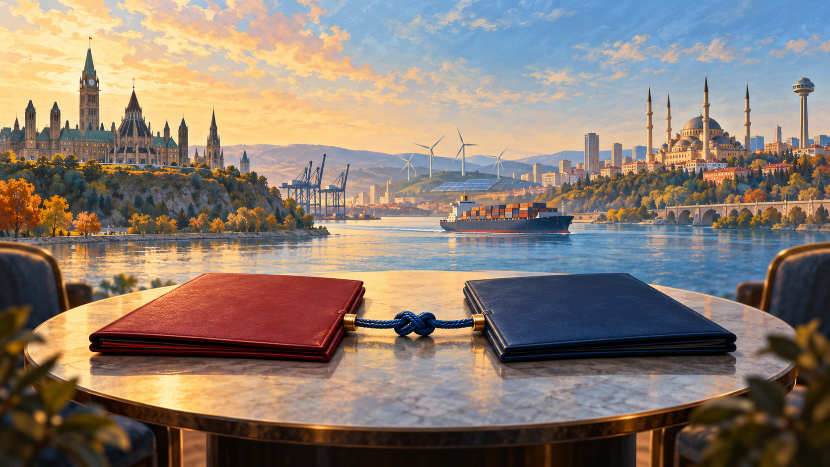 Editorial illustration of two diplomatic folders and linked trade and energy activity, reflecting Canada–Türkiye cooperation.