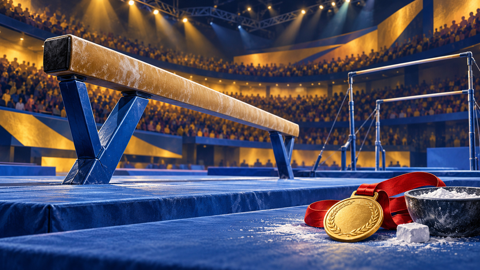 Editorial illustration of a balance beam, uneven bars and a gold medal in a gymnastics arena