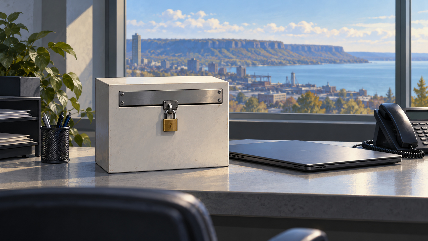 Editorial illustration of a closed anonymous-tip box beside a laptop and telephone, reflecting the local program pauses.