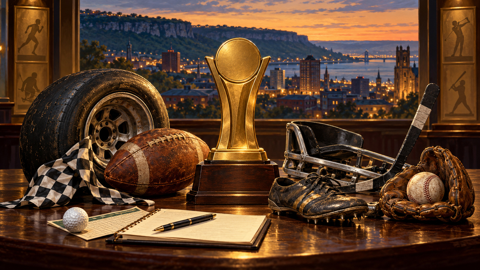 Editorial illustration of sports memorabilia, an award and a writer’s notebook against Hamilton’s skyline; not a photograph of the induction ceremony