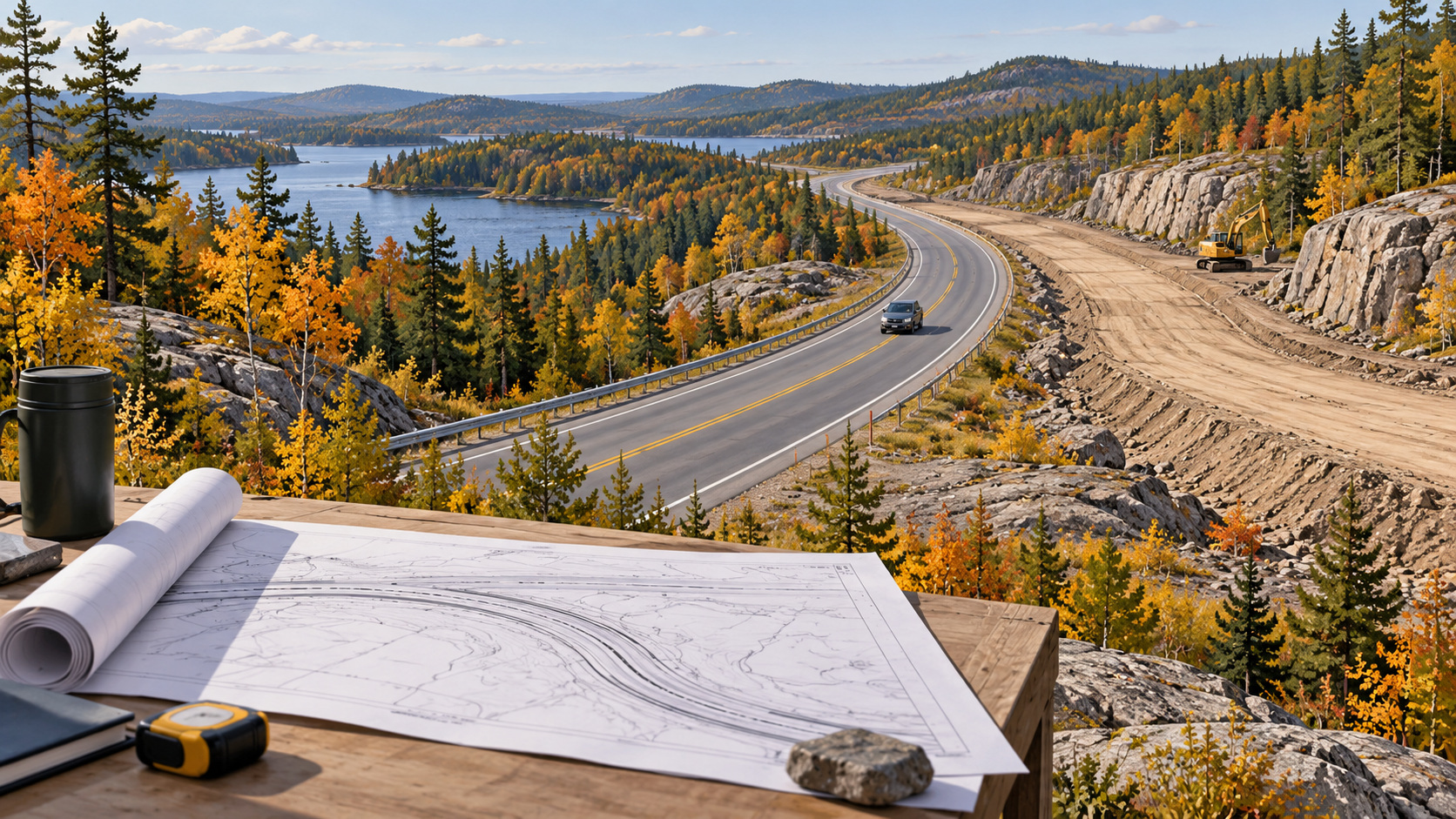 Editorial illustration of a northern Ontario highway-widening corridor, not a photograph of a specific construction site.