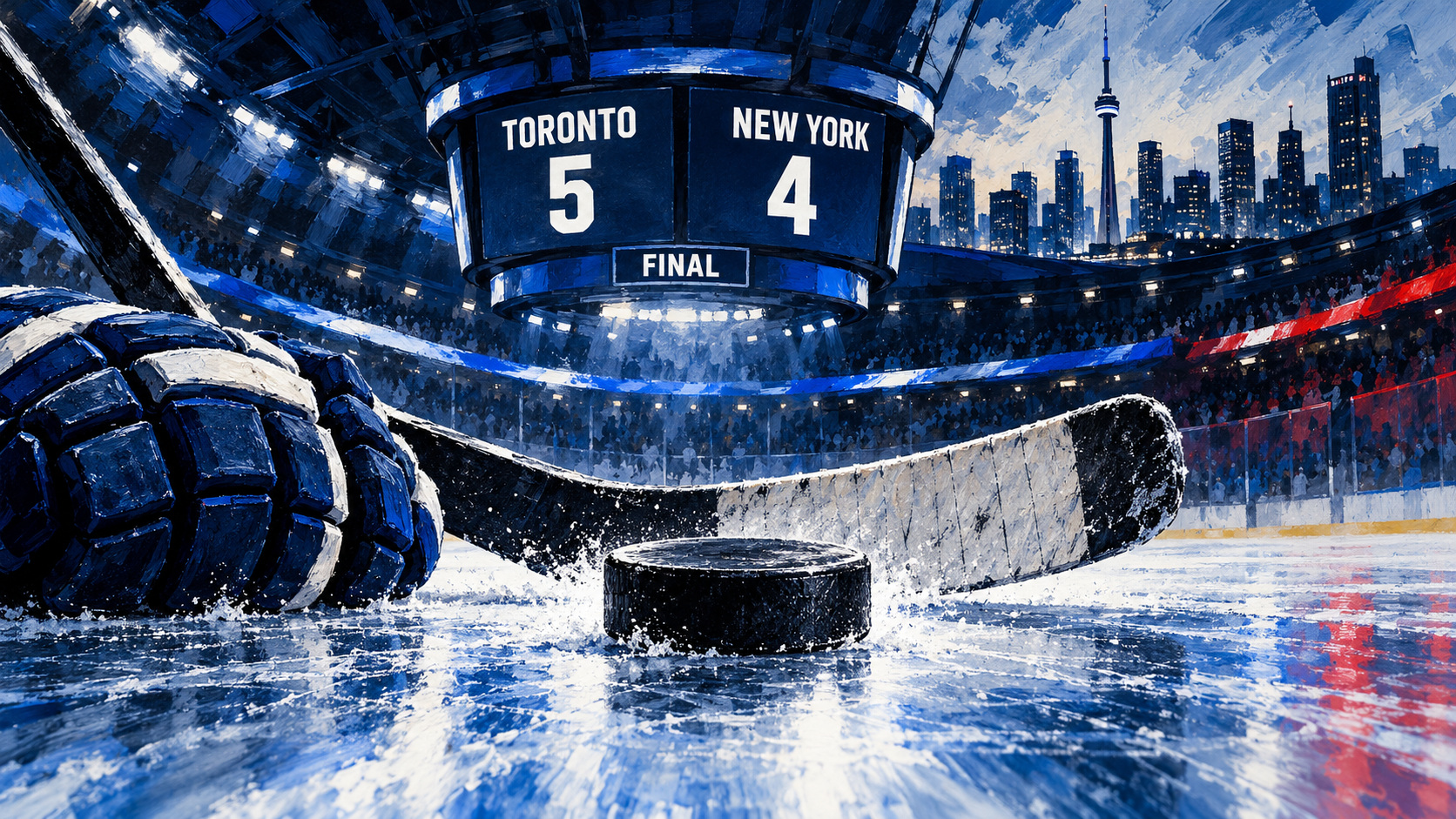 Editorial illustration of a hockey puck, blue-and-white equipment and a rink scoreboard showing Toronto 5, New York 4; not a photograph of the game