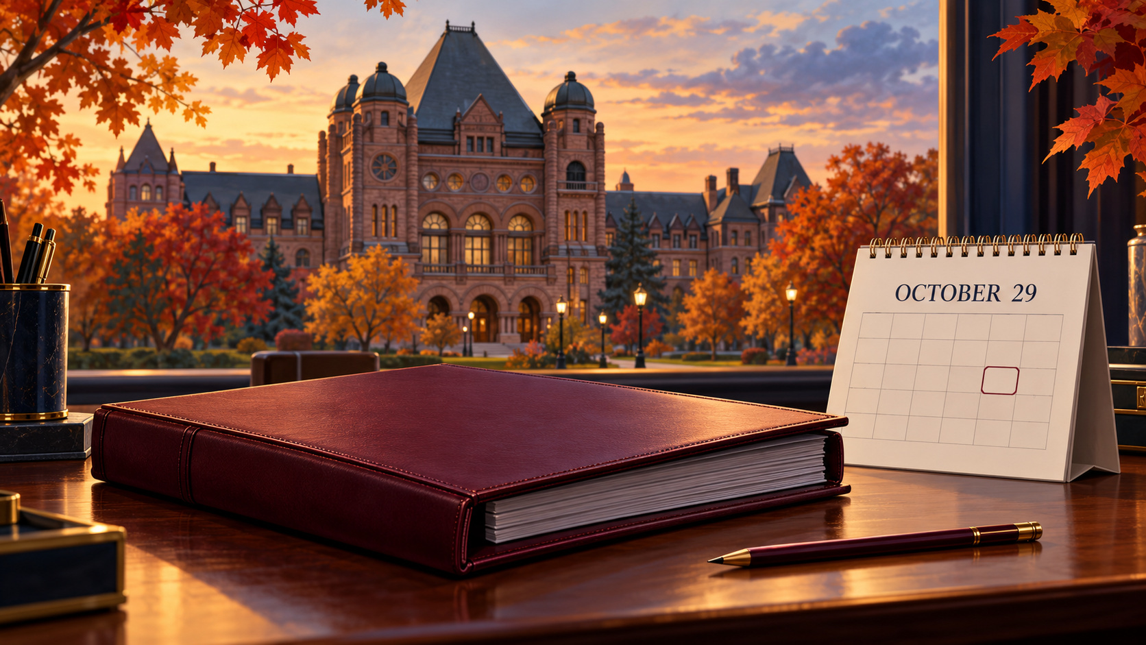 Editorial illustration of Ontario’s legislature and fiscal documents.