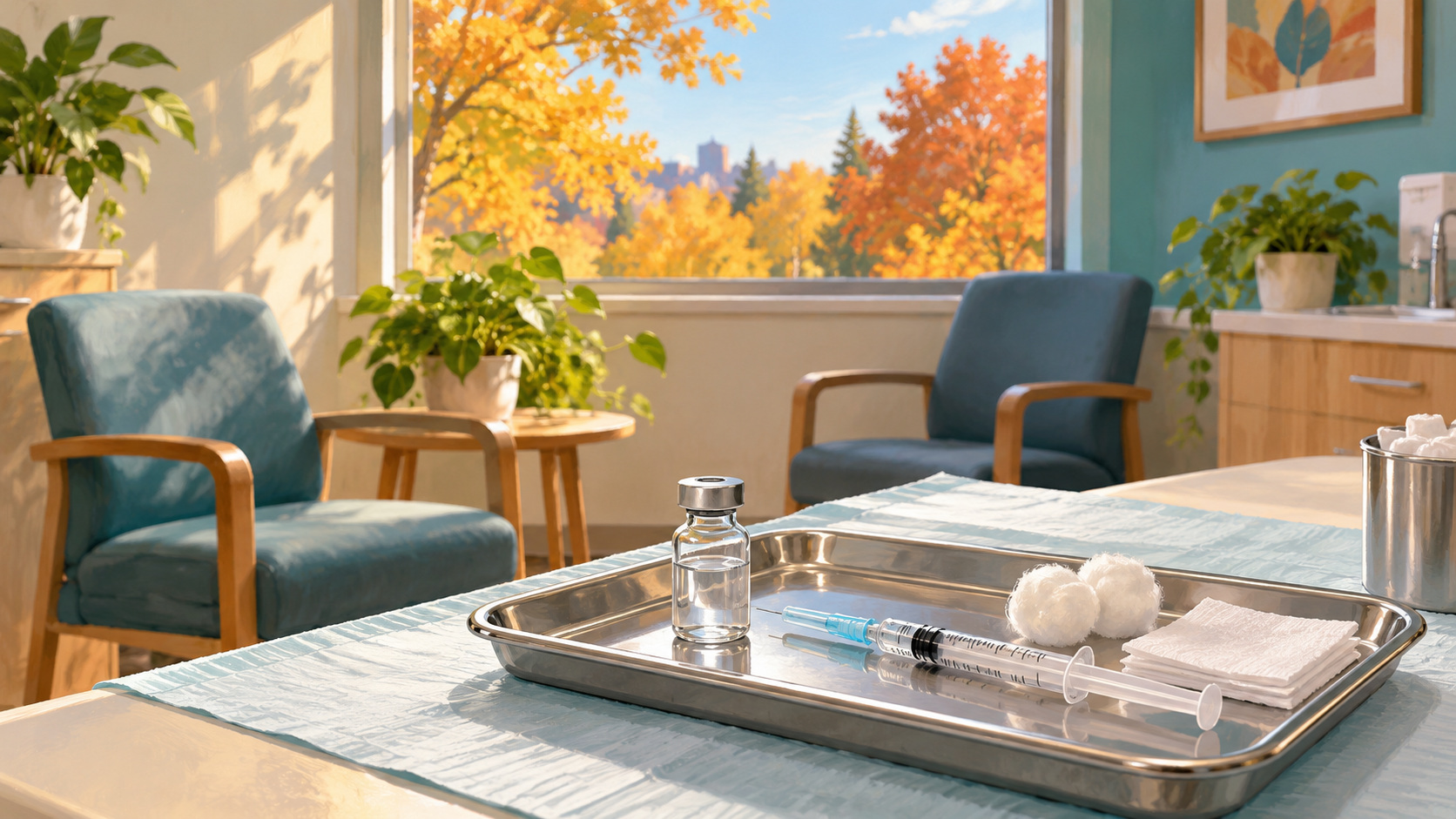 Editorial illustration of a vaccine preparation tray in an Ontario community clinic, reflecting the seasonal flu rollout.
