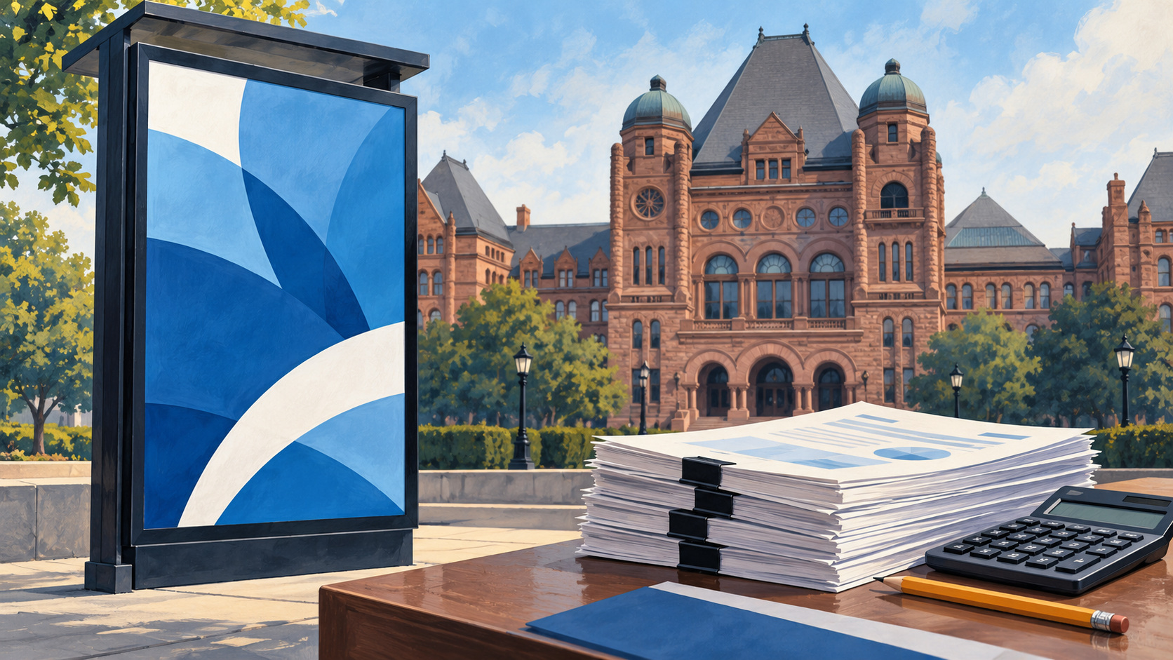 Editorial illustration of a public-advertising display beside government spending records and a calculator