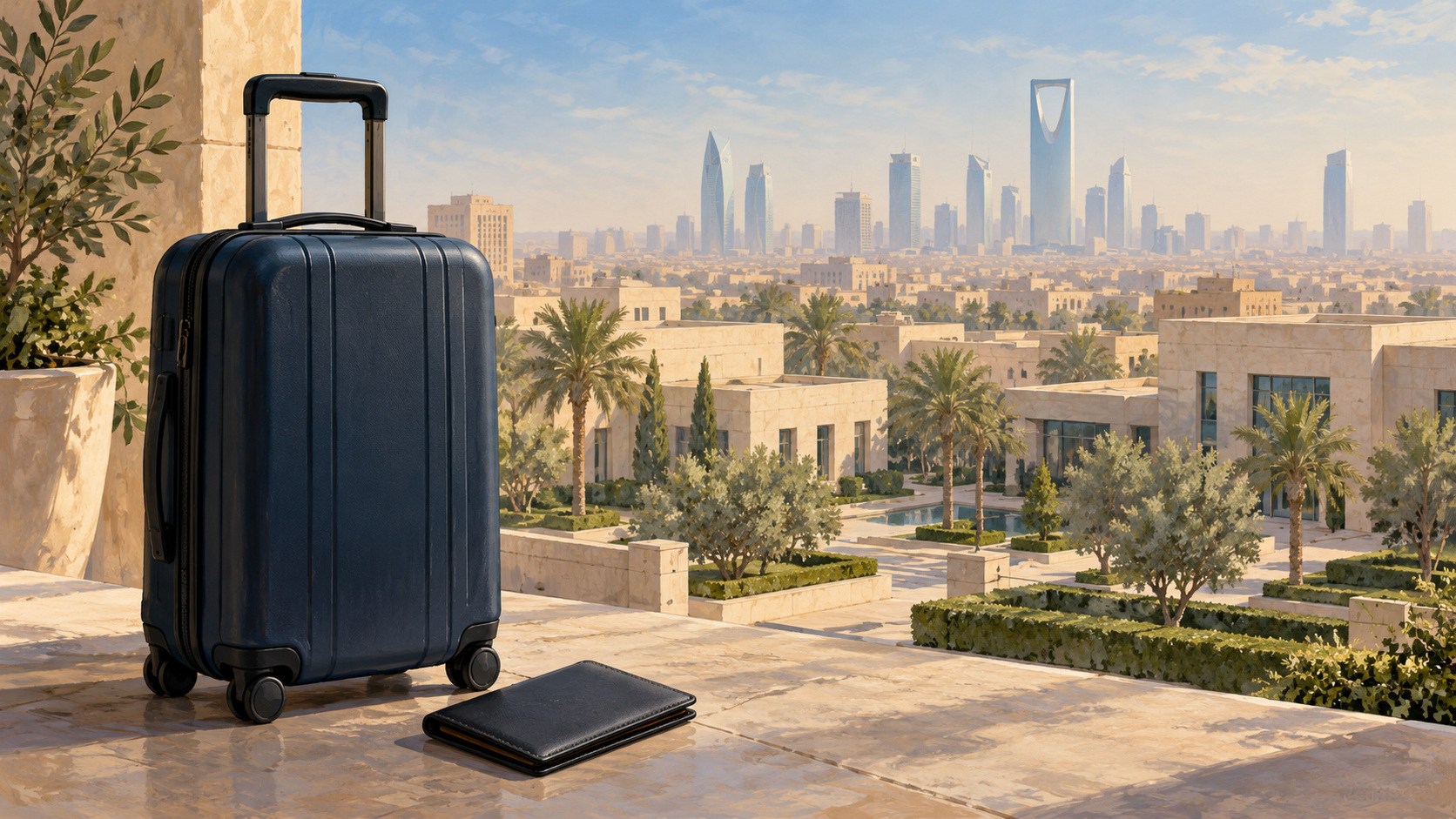 Editorial illustration of a suitcase and travel documents near a diplomatic district