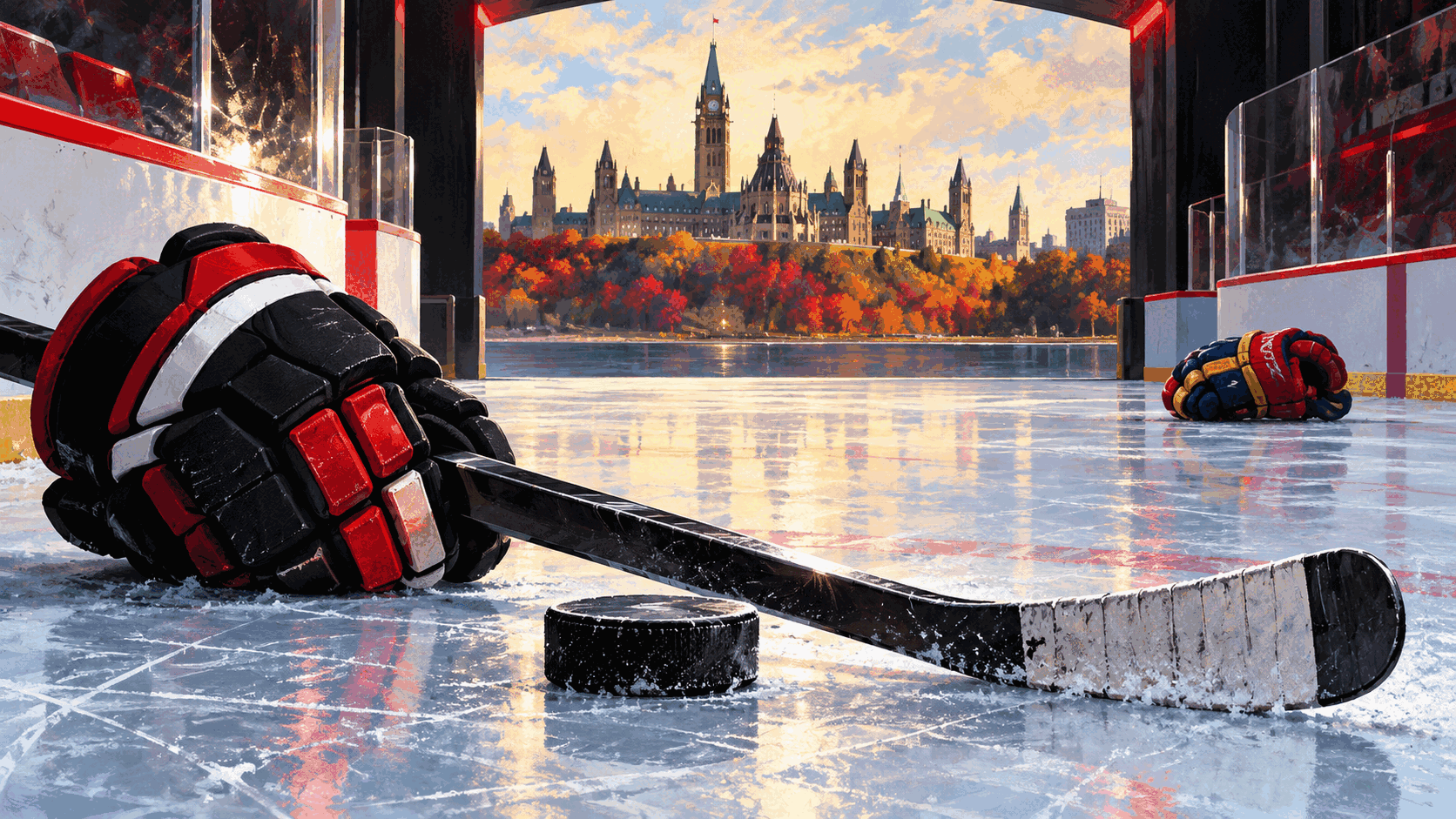 Editorial illustration of hockey equipment at an Ottawa rink