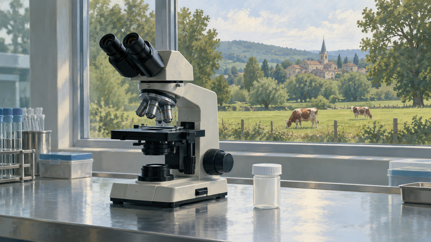 Editorial illustration of laboratory research and a cattle pasture, reflecting the investigation into Shamonda virus.