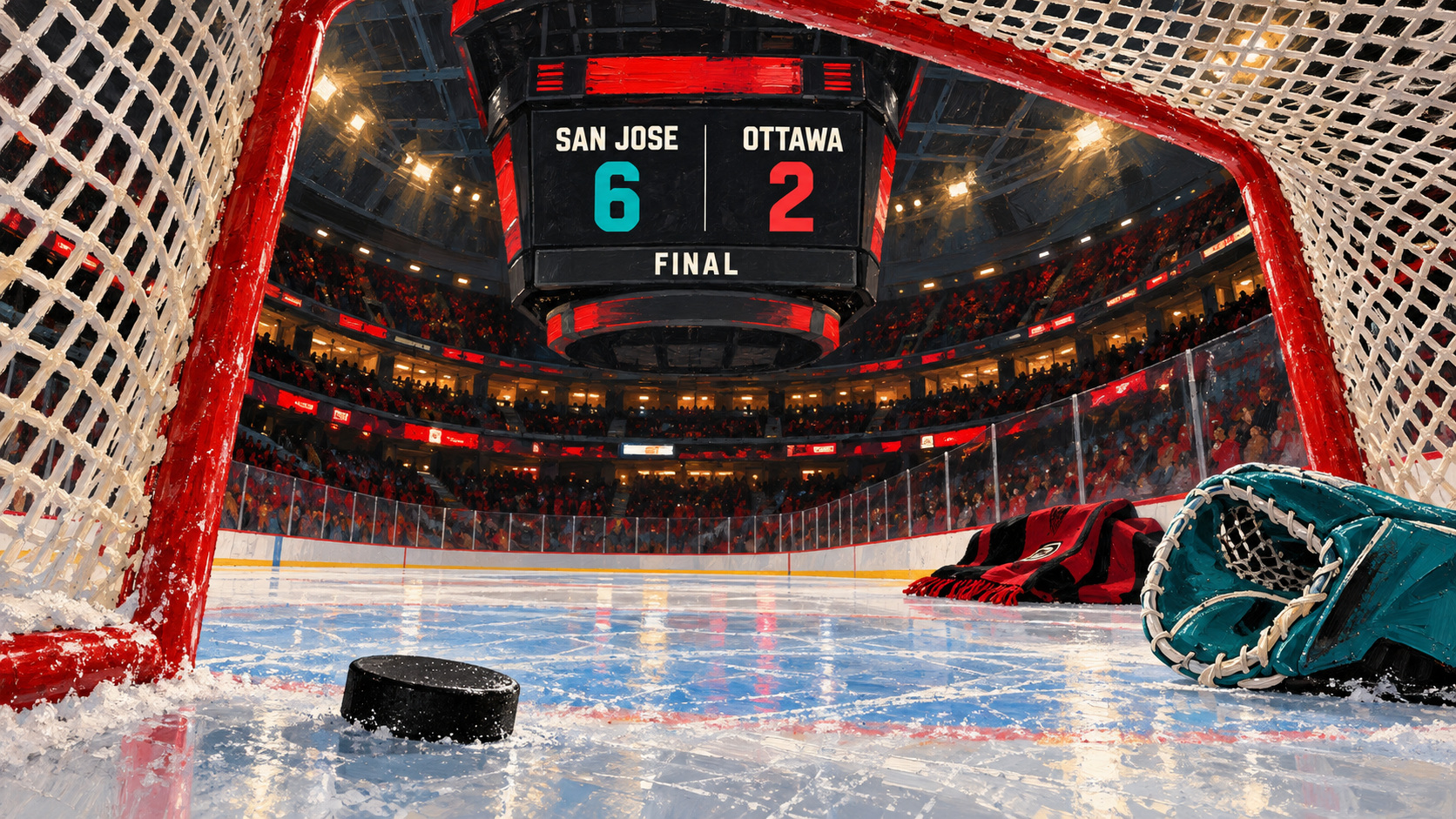 Editorial illustration of hockey equipment and a final score showing San Jose 6, Ottawa 2; not a photograph of Thursday’s game