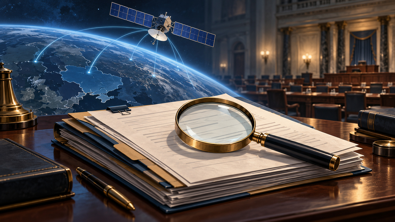 Editorial illustration of satellite communications and congressional oversight documents.