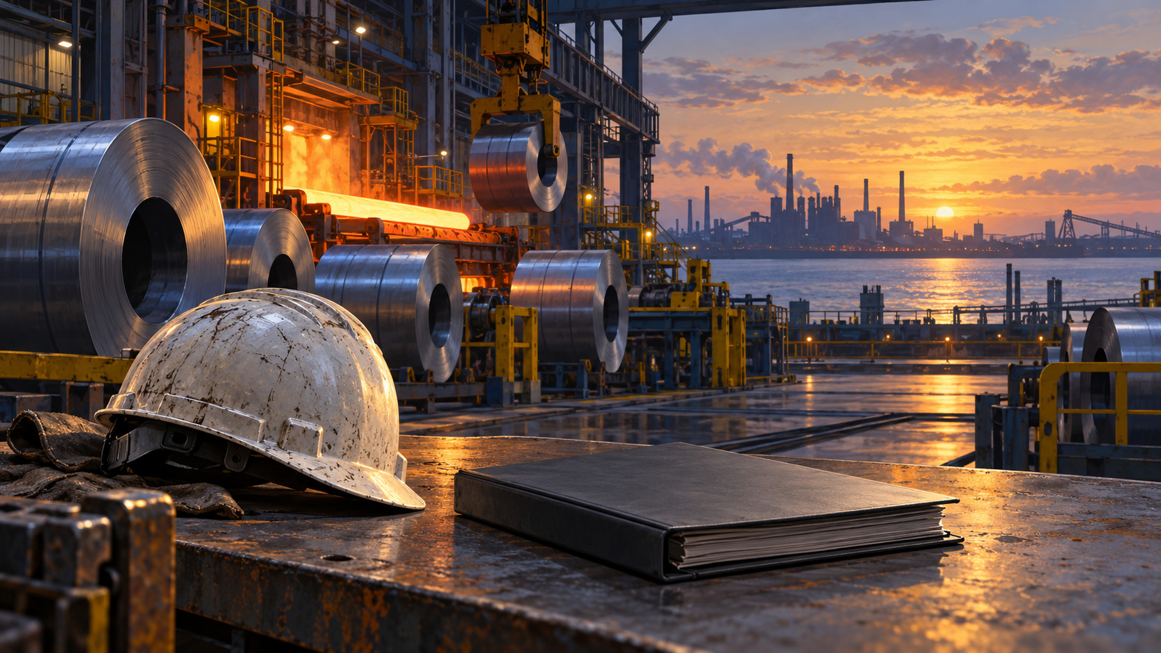 Editorial illustration of steel coils and an employment-commitments folder, reflecting the Stelco jobs dispute.