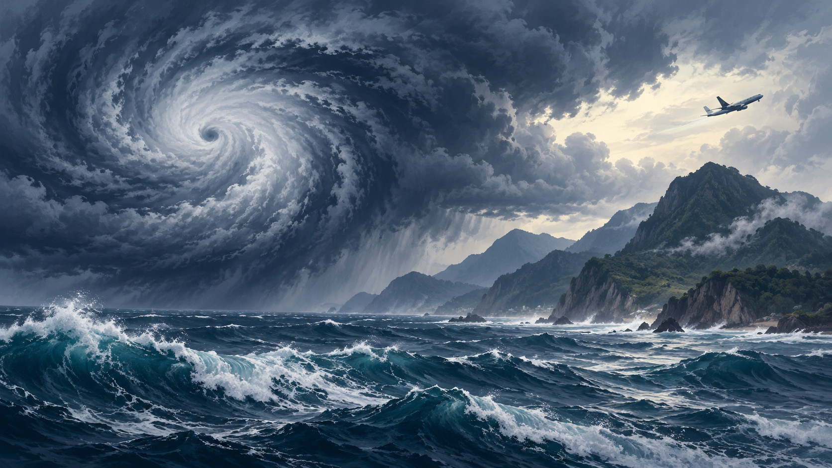 Editorial illustration of storm clouds and rough waves approaching a mountainous island coast