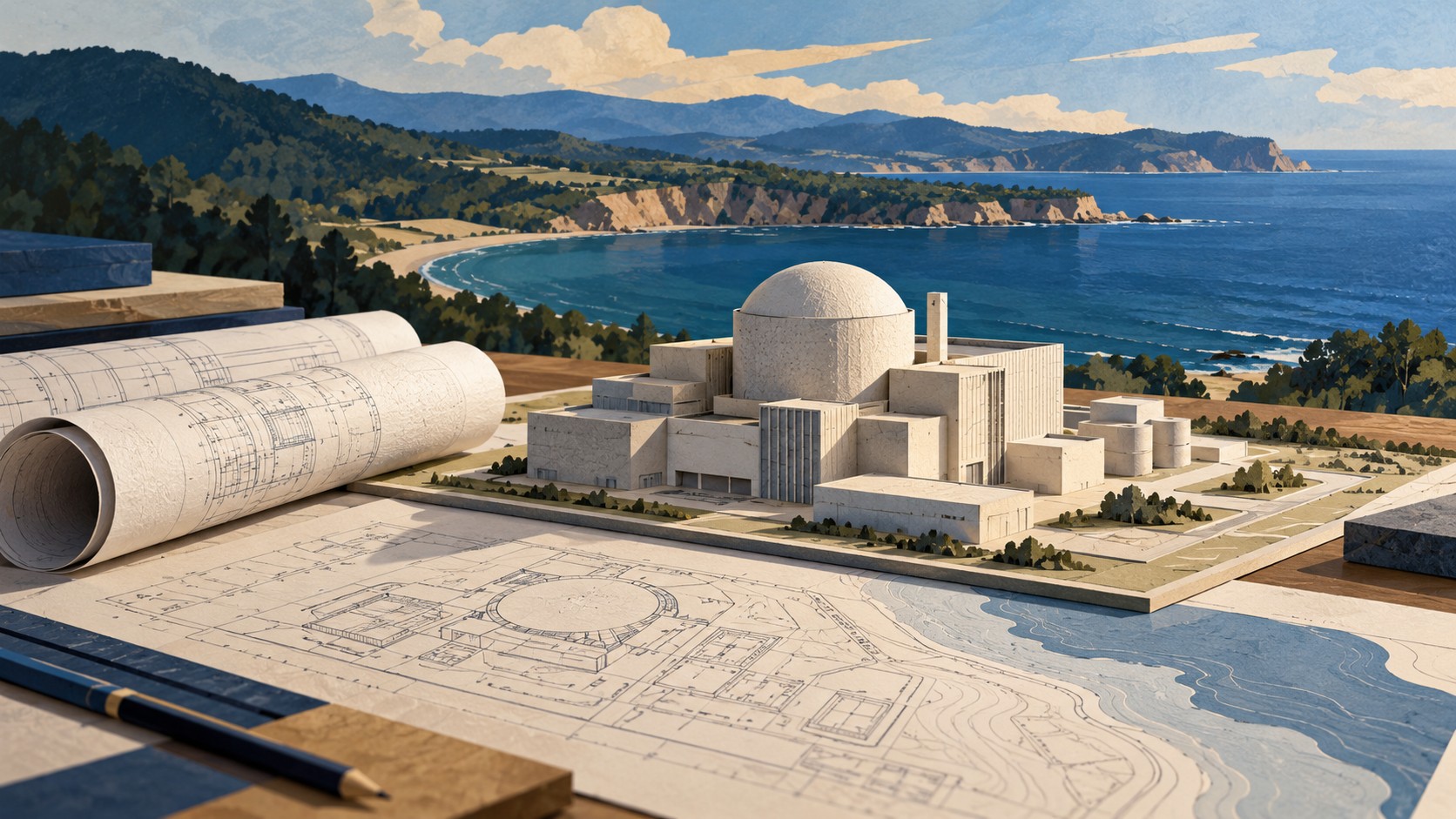 Editorial illustration of nuclear engineering plans beside a conceptual Black Sea coast.