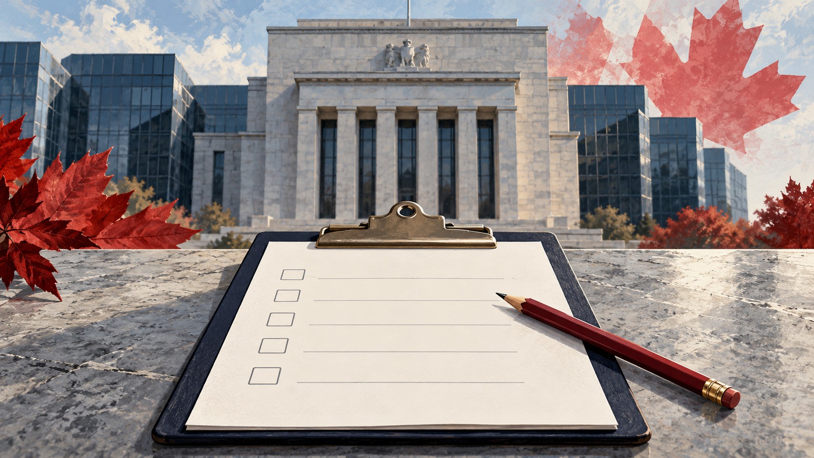 Editorial illustration of a survey clipboard before an institutional facade
