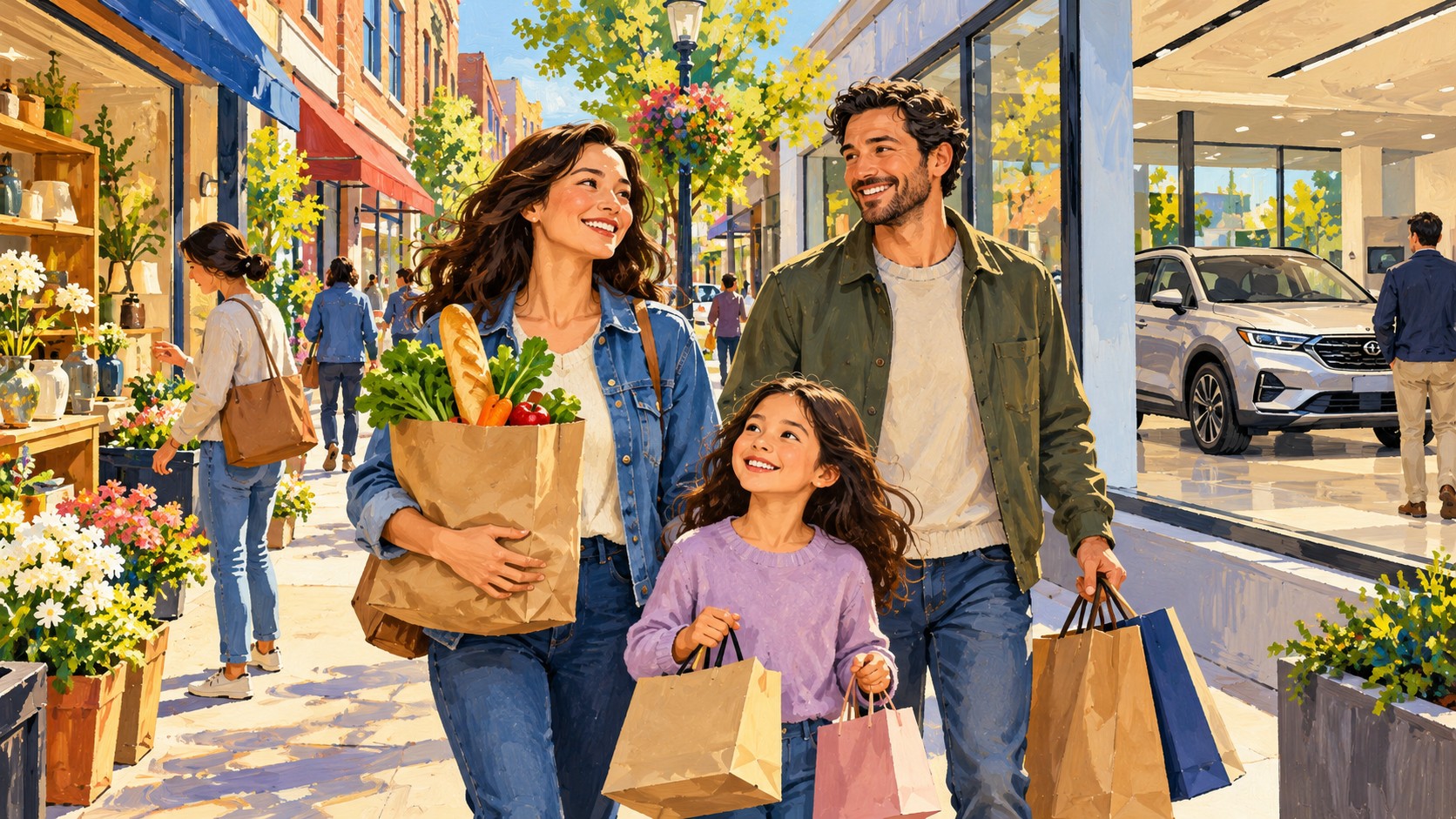 Editorial illustration of retail purchases and an auto showroom