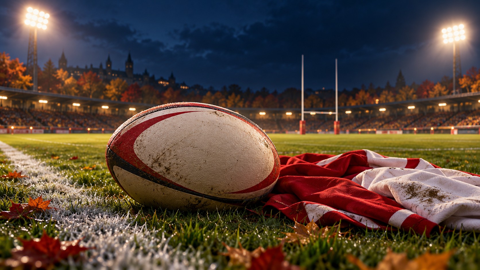 Editorial illustration of a rugby ball beside red and white kit fabric on a floodlit field, symbolizing the Ottawa rematch