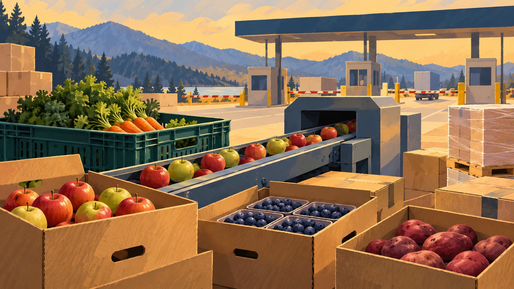 Editorial illustration of produce packaging and machinery at a border checkpoint