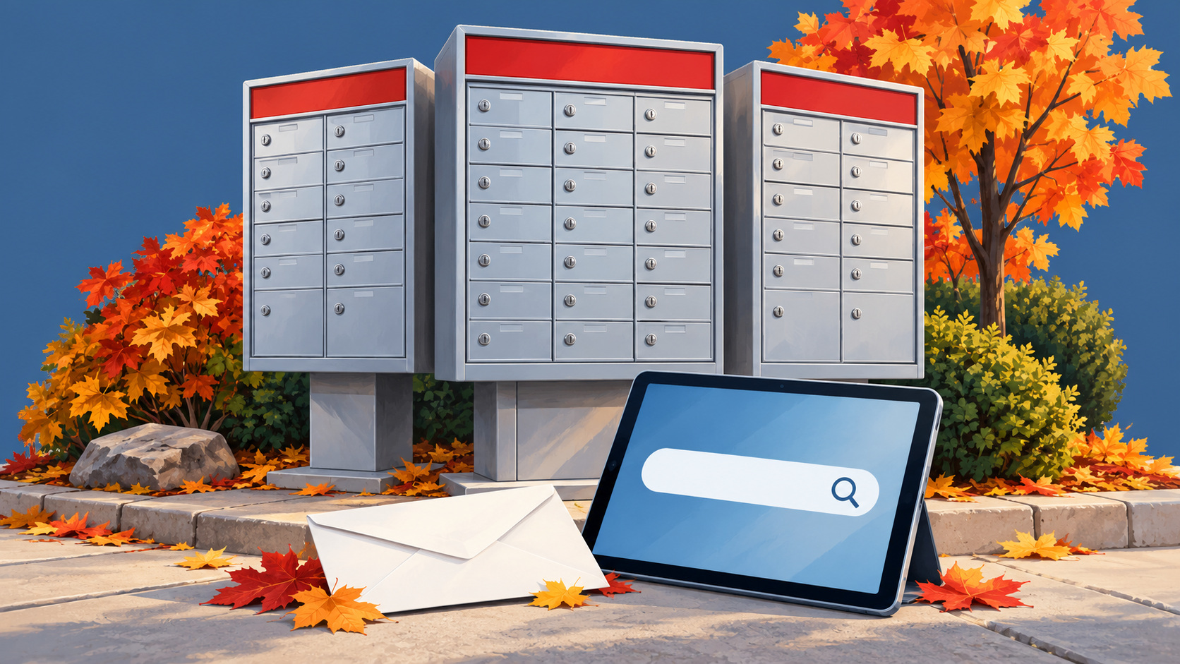 Editorial illustration of community mailboxes, letters and a postal-code search