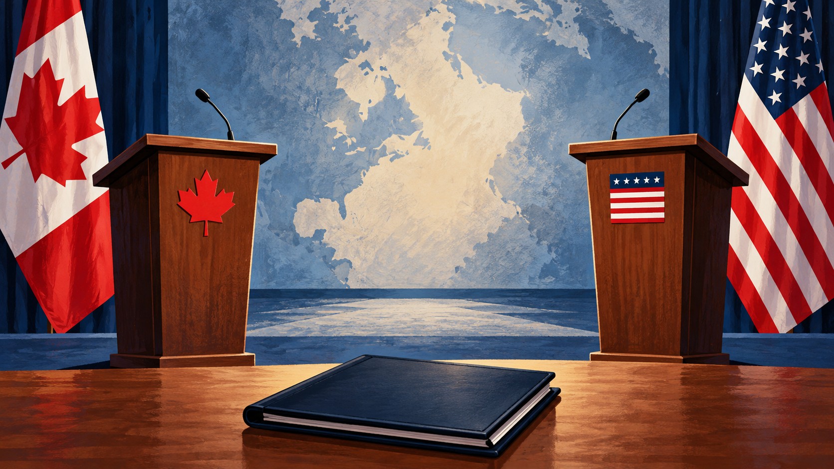 Editorial illustration of separate Canadian and American lecterns